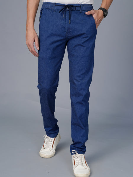 Men's Slim Fit Denim-Look Joggers – Stretchable Cotton Casual Trousers with Elasticated Drawstring Waist