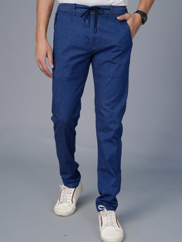 Men's Slim Fit Denim-Look Joggers – Stretchable Cotton Casual Trousers with Elasticated Drawstring Waist