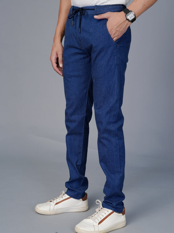 Men's Slim Fit Denim-Look Joggers – Stretchable Cotton Casual Trousers with Elasticated Drawstring Waist
