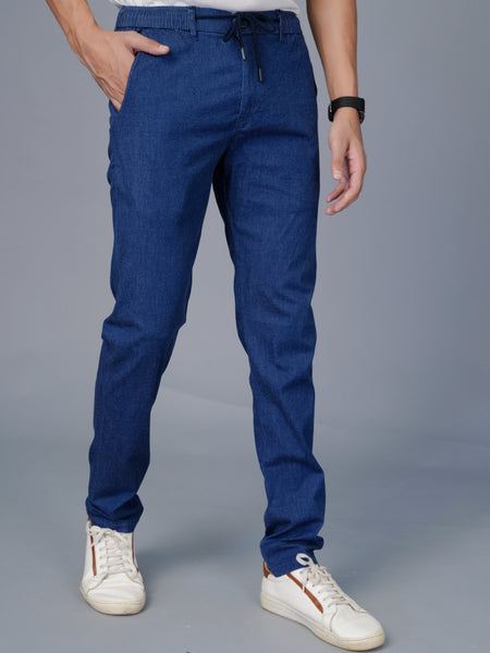 Men's Slim Fit Denim-Look Joggers – Stretchable Cotton Casual Trousers with Elasticated Drawstring Waist