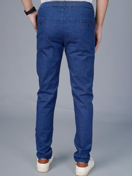 Men's Slim Fit Denim-Look Joggers – Stretchable Cotton Casual Trousers with Elasticated Drawstring Waist