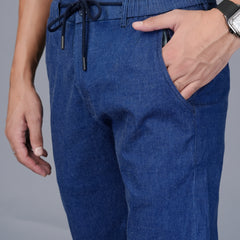 Men's Slim Fit Denim-Look Joggers – Stretchable Cotton Casual Trousers with Elasticated Drawstring Waist