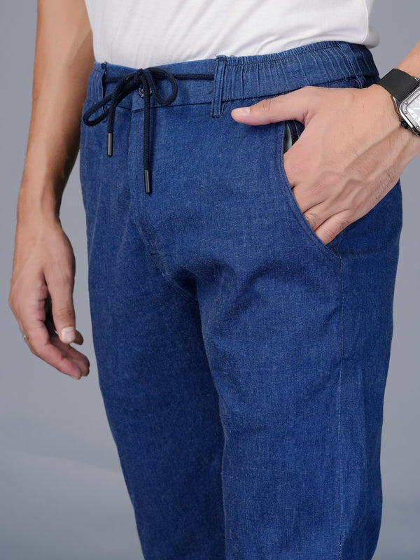 Men's Slim Fit Denim-Look Joggers – Stretchable Cotton Casual Trousers with Elasticated Drawstring Waist