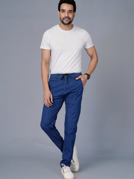Men's Slim Fit Denim-Look Joggers – Stretchable Cotton Casual Trousers with Elasticated Drawstring Waist