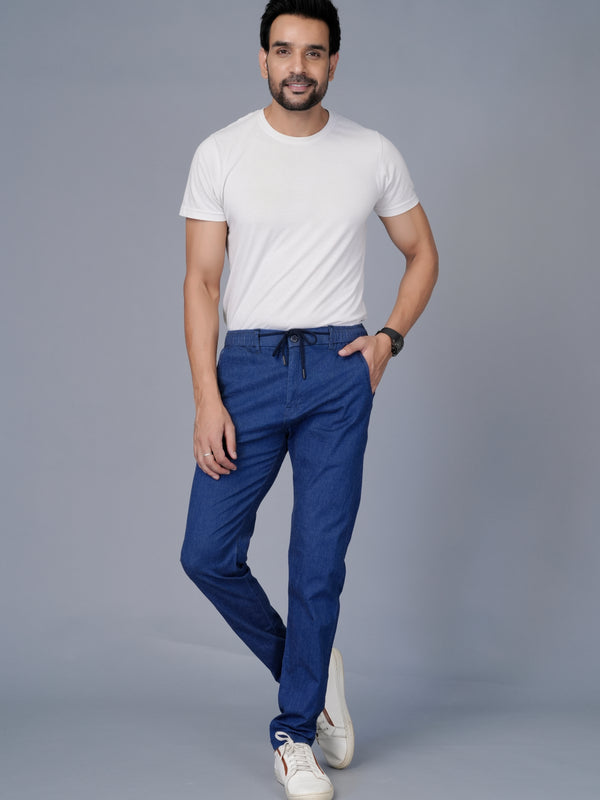 Men's Slim Fit Denim-Look Joggers – Stretchable Cotton Casual Trousers with Elasticated Drawstring Waist