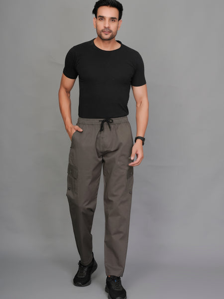 Urban Utility Men’s Solid Dark Grey Slim-Fit Cargo Pants – Elasticated Waist Casual Trousers