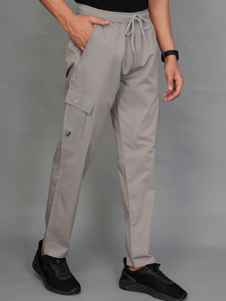 Urban Utility Men’s Solid Light Gray Slim-Fit Cargo Pants – Elasticated Waist Casual Trousers