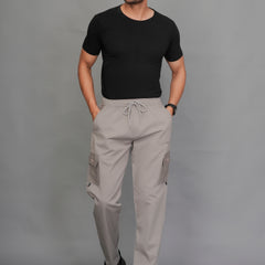 Urban Utility Men’s Solid Light Gray Slim-Fit Cargo Pants – Elasticated Waist Casual Trousers