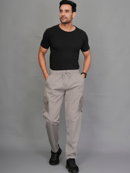 Urban Utility Men’s Solid Light Gray Slim-Fit Cargo Pants – Elasticated Waist Casual Trousers