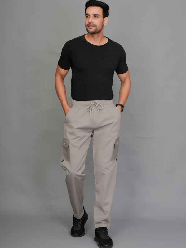 Urban Utility Men’s Solid Light Gray Slim-Fit Cargo Pants – Elasticated Waist Casual Trousers