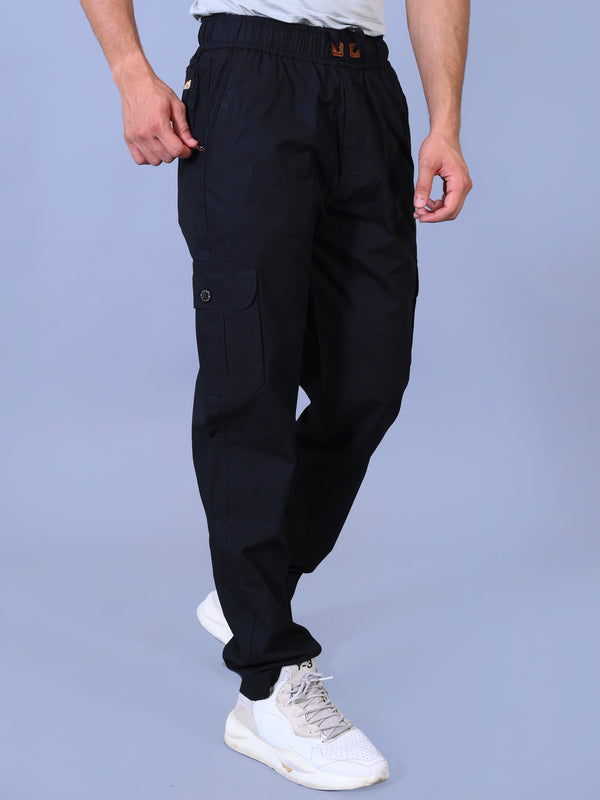 Men's Premium Black 6-Pocket Cargo - Relaxed Fit Cotton Trousers