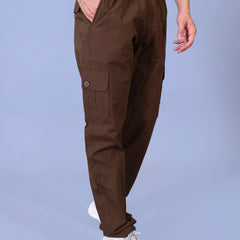 Men's Premium Brown 6-Pocket Cargo - Relaxed Fit Cotton Trousers