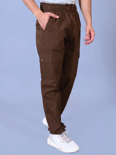 Men's Premium Brown 6-Pocket Cargo - Relaxed Fit Cotton Trousers