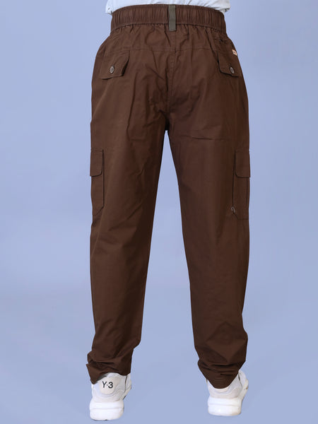 Men's Premium Brown 6-Pocket Cargo - Relaxed Fit Cotton Trousers