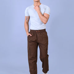 Men's Premium Brown 6-Pocket Cargo - Relaxed Fit Cotton Trousers