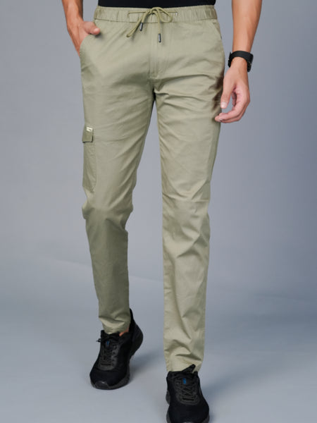 Men’s Premium Twill Cargo Track Pants with Elasticated Waistband and Zip Pockets - Green