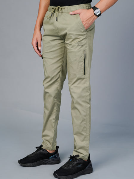 Men’s Premium Twill Cargo Track Pants with Elasticated Waistband and Zip Pockets - Green