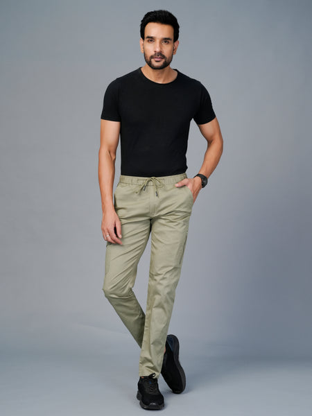 Men’s Premium Twill Cargo Track Pants with Elasticated Waistband and Zip Pockets - Green