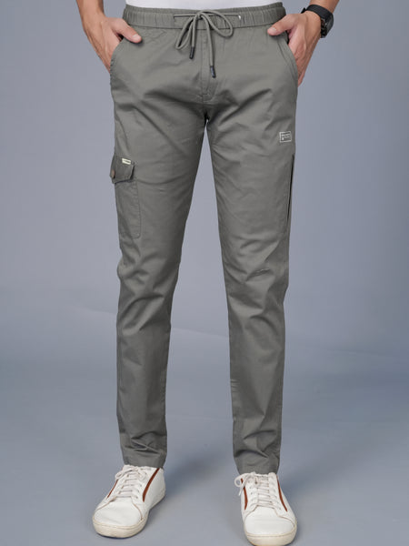 Men’s Premium Twill Cargo Track Pants with Elasticated Waistband and Zip Pockets - Gray