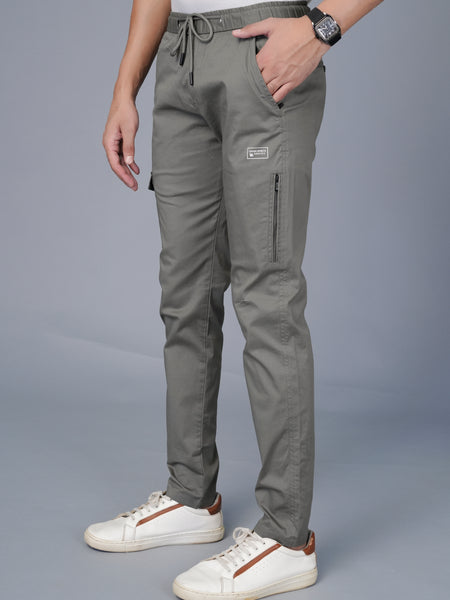 Men’s Premium Twill Cargo Track Pants with Elasticated Waistband and Zip Pockets - Gray