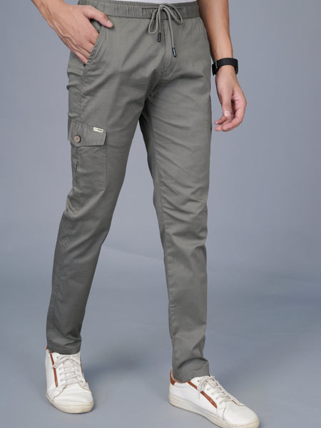 Men’s Premium Twill Cargo Track Pants with Elasticated Waistband and Zip Pockets - Gray