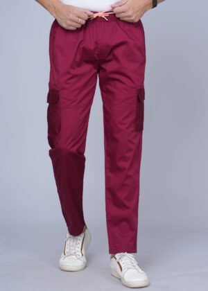 Men Solid Cotton Maroon Cargo Pant