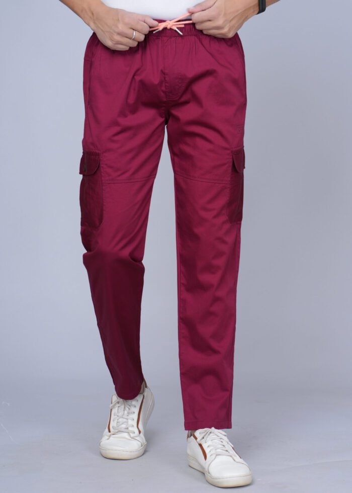 Men Solid Cotton Maroon Cargo Pant - Image 1