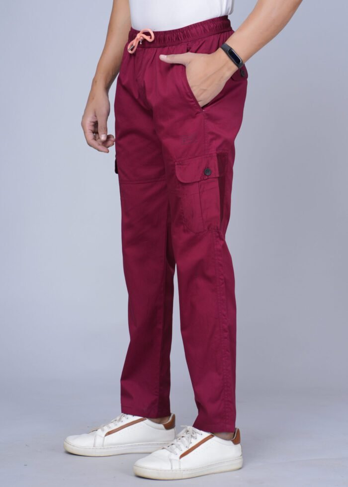 Men Solid Cotton Maroon Cargo Pant - Image 2