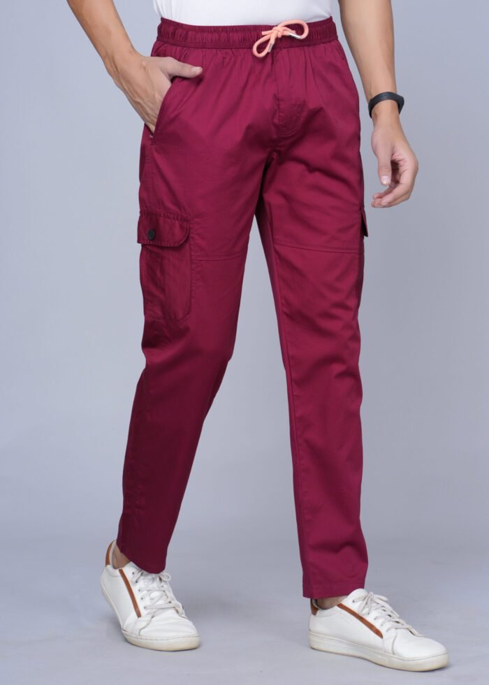 Men Solid Cotton Maroon Cargo Pant - Image 3