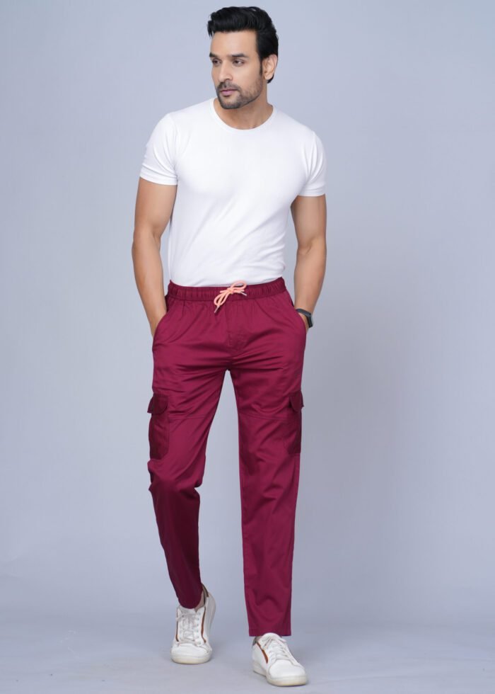 Men Solid Cotton Maroon Cargo Pant - Image 7