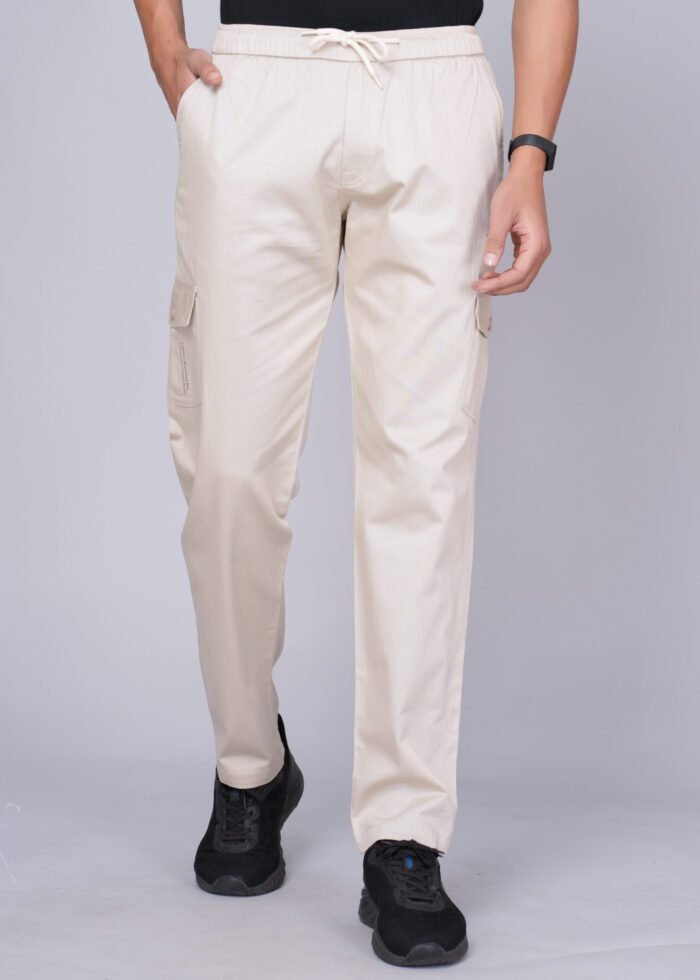 Cargo Sports Men Solid Cotton Cream Cargo Pant - Image 1