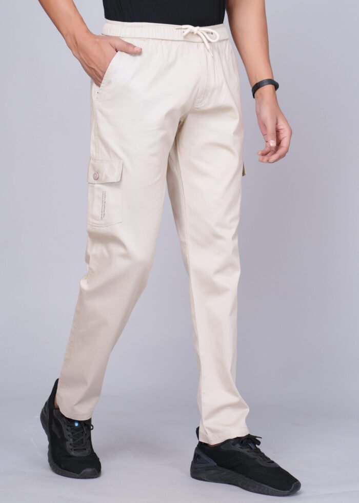 Cargo Sports Men Solid Cotton Cream Cargo Pant - Image 2
