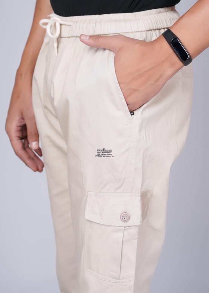 Cargo Sports Men Solid Cotton Cream Cargo Pant - Image 4