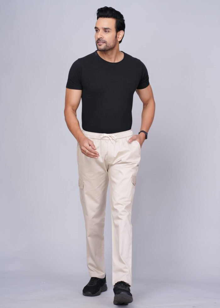 Cargo Sports Men Solid Cotton Cream Cargo Pant - Image 3
