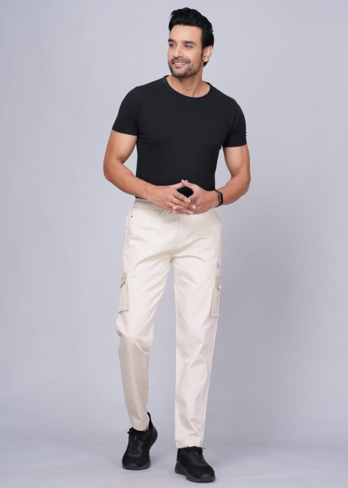 Cargo Sports Men Solid Cotton Cream Cargo Pant - Image 3
