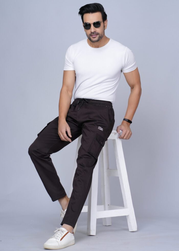 Cargo Sports Men Solid Cotton Dark Brown Cargo Pant - Image 3